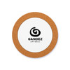 A circular cork coaster featuring a white surface with a logo printed in black.