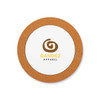 A cork coaster featuring a circular design with a white centre and a logo in brown and yellow.