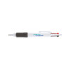 A white pen with a black grip and red and blue accents, featuring a branding logo.