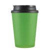 A drinkware coffee mug in vibrant green with a black lid and handle. It features a logo on the surface.