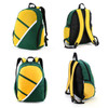 A green and yellow backpack with a bold geometric design, featuring padded straps and a logo.