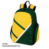 A green and gold backpack with contrasting white diagonal stripes and a logo on the front.