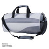 A grey and steel duffle bag with handles and a detachable shoulder strap, featuring a side mesh pocket and a logo.