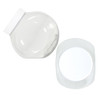 A clear plastic container with a round base and a fitted lid, featuring a smooth surface and glossy finish.