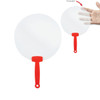 A round, transparent fan with a red handle, available in two sizes.