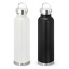 A drink bottle with a stainless steel lid, available in white and black finishes, featuring a sturdy handle.