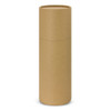 A drink bottle in a cylindrical, brown cardboard packaging with a smooth finish and a matching lid.