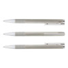 A metal pen in brushed steel with a sleek design, featuring a clip and ridged grip. Includes branding on the barrel.