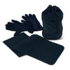 A navy scarf and gloves set, featuring a bag, gloves, and a scarf, all in a soft fabric.