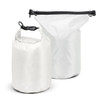 A pair of white dry bags with roll-top closures, featuring a black adjustable buckle and strap.
