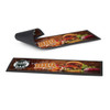 A bar runner featuring a vibrant BBQ design, primarily in dark tones with colourful food imagery and a logo.