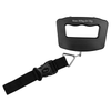 A black luggage scale with a handle and a strap, featuring a hook for attaching to luggage.