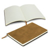 A brown soft cover notebook with lined pages, featuring a ribbon bookmark and an open layout.