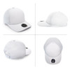 A white cap made of polyester and mesh, featuring a circular logo on the front. Multiple angles displayed.