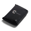 A black toiletry bag with a zip closure and a logo on the front. Compact and sleek design for accessories.