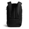 A black backpack with padded straps and a sleek design, featuring a logo on the back. Ideal for work and travel.