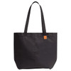 A black tote bag with two shoulder straps and a subtle logo tag. Features a spacious, structured design.