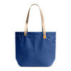 A blue tote bag with beige straps and a small logo. The bag features a simple, structured design.