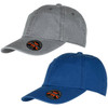 Two caps are displayed, one in grey and one in blue, each featuring a logo on the front.
