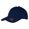 A navy cap with a curved brim and a circular logo on the front. It features a structured design.