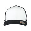 A trucker cap featuring a white front and black mesh back, with a curved visor and logo on the side.