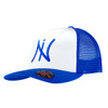 A blue and white trucker cap featuring a logo on the front and a mesh back.