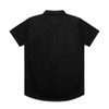 A black short-sleeve work shirt featuring a classic collar and a back pleat. Includes a logo on the back.