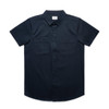 A short-sleeved work shirt in navy blue with two chest pockets and a collar, featuring a logo.