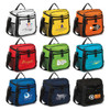 A collection of nine cooler bags in various colours including yellow, orange, red, green, and blue, each with distinct logos.