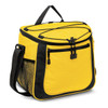 A yellow cooler bag with black accents features zippers and a mesh pocket, designed for carrying food and drinks.