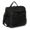A black cooler bag with a zippered top, featuring side pockets and a detachable shoulder strap.