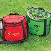 A red cooler bag and a green cooler bag, both filled with drink bottles, set on grass. Each bag has a logo.