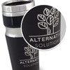 A drink bottle in black with a silver lid and an engraved logo featuring a tree design.