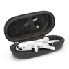 A black carrying case containing white ear buds and a charging cable, designed for the Neutron Bluetooth Receiver.