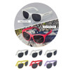 A collection of sunglasses in white, red, yellow, and purple with dark lenses, featuring a logo.