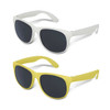 Two pairs of sunglasses, one in white and the other in yellow, both with dark lenses and branded detailing.