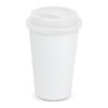 A double wall coffee cup in white with a matching lid and a logo feature.