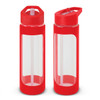 A drink bottle featuring a clear body with a vibrant red silicone lid and base, equipped with a flip-open spout.