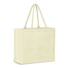 A light green jute tote bag with two sturdy handles and a plain design, featuring a logo.