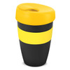 A drink bottle featuring a black body with yellow accents and a yellow lid, designed for easy carrying.