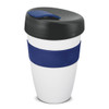 A drink bottle featuring a white body, navy silicone band, and a black lid. It has a logo on the side.