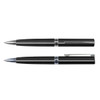 A pair of black metallic pens, featuring sleek designs and a glossy finish, displayed against a white background.