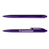 A purple plastic pen with a clip and a branding logo. The pen is streamlined and features a refillable ballpoint tip.
