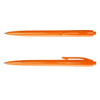Two orange plastic pens are displayed, featuring a sleek design with a clip on one side.