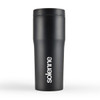 A travel mug in matte black with a logo featured prominently on the side.