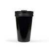 A black vacuum cup with a secured lid, featuring a sleek, glossy finish and a branding logo.