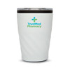 A reusable coffee cup in white with a textured design and a transparent lid, featuring a logo.