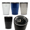 A reusable coffee cup in four colours: white, navy, silver, and black, featuring a twist design and a lid with an opening.