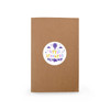 A brown notebook with a circular label featuring colourful text and a logo.