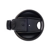 A black reusable coffee cup lid with a built-in handle and a central opening, featuring a logo.
